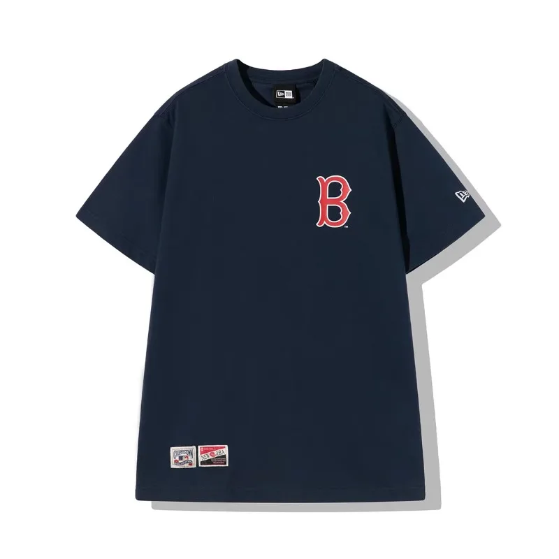 ニューエラ-mlb-ボストン・レッドソックス-レタープリント-クルーネック-プルオーバー-半袖-tシャツ-メンズ-ブルー