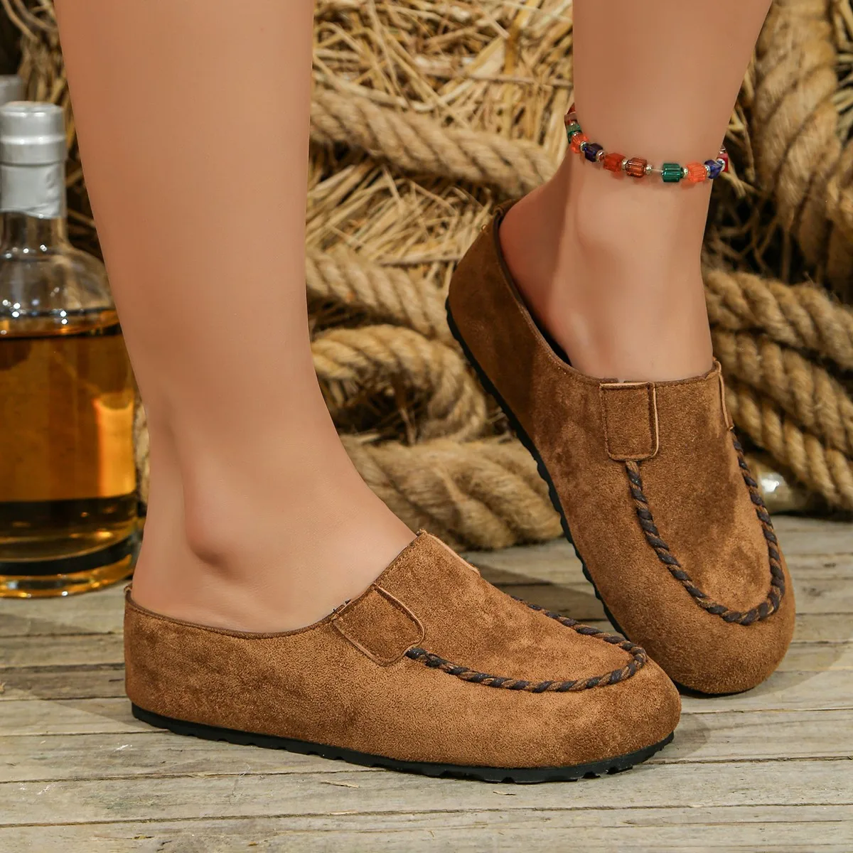 Ladies Slippers Fashion Baotou Shoes Women Round Head with Suede Sponge Cake Slippers Indoor Office Shoes Plus Size Slides Women
