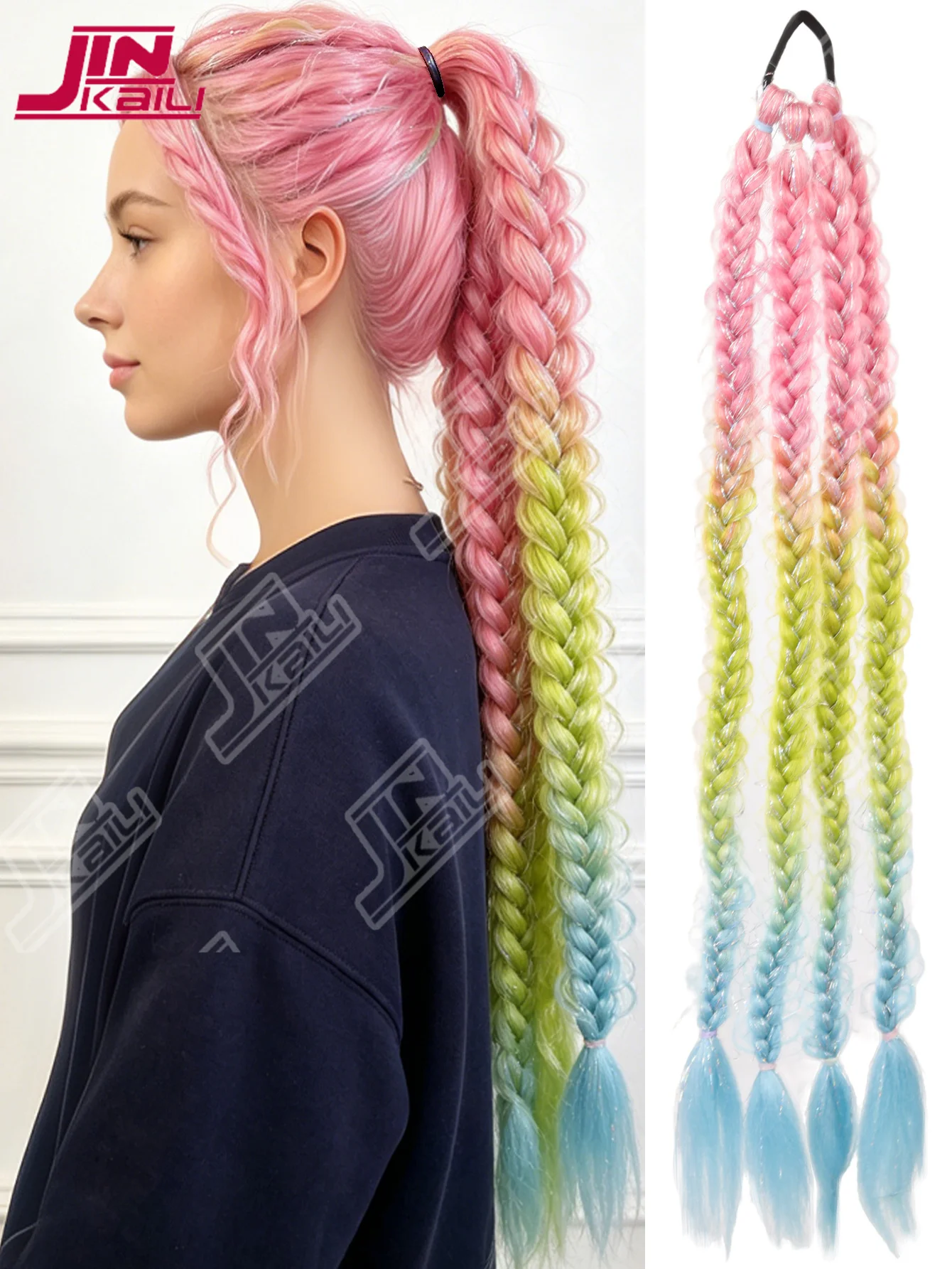JKL 1PCS Synthetic Braided Ponytail Exytensions 24inch Pink Green Blue Braid Long Braided with Elastic Rubber Band for Women