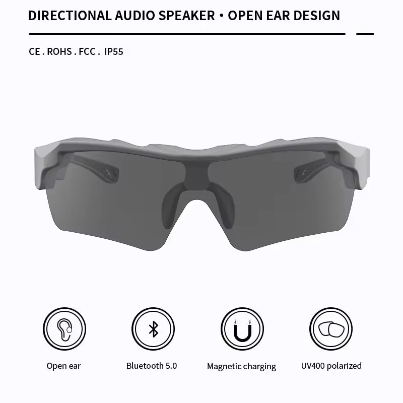 Gafas inteligentes con Bluetooth, auriculares inalámbricos, gafas de sol con Bluetooth, auriculares para ciclismo, llamadas, música, antiazul, gris