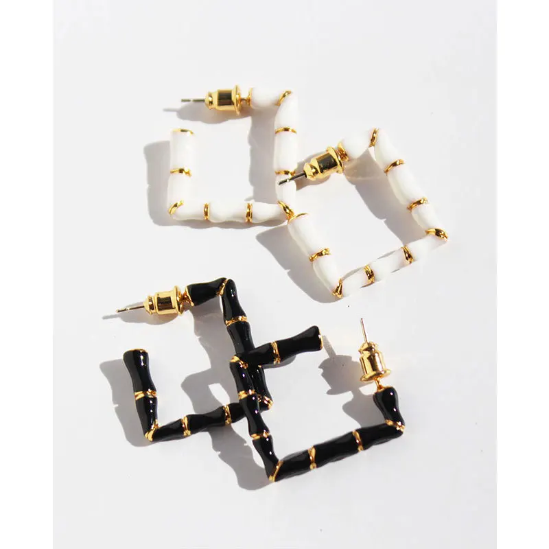 

New Punk White Enamel Square C Shape Hoop Bamboo Earrings for Women Statement Metal Big Circle Painting Elegant Geometric Craft