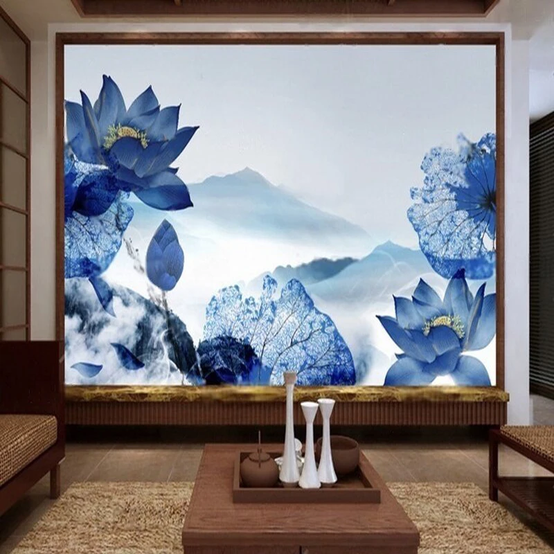 

Modern simple new Chinese-style blue distant mountain water lily TV luxurious home bedroom background wall paper