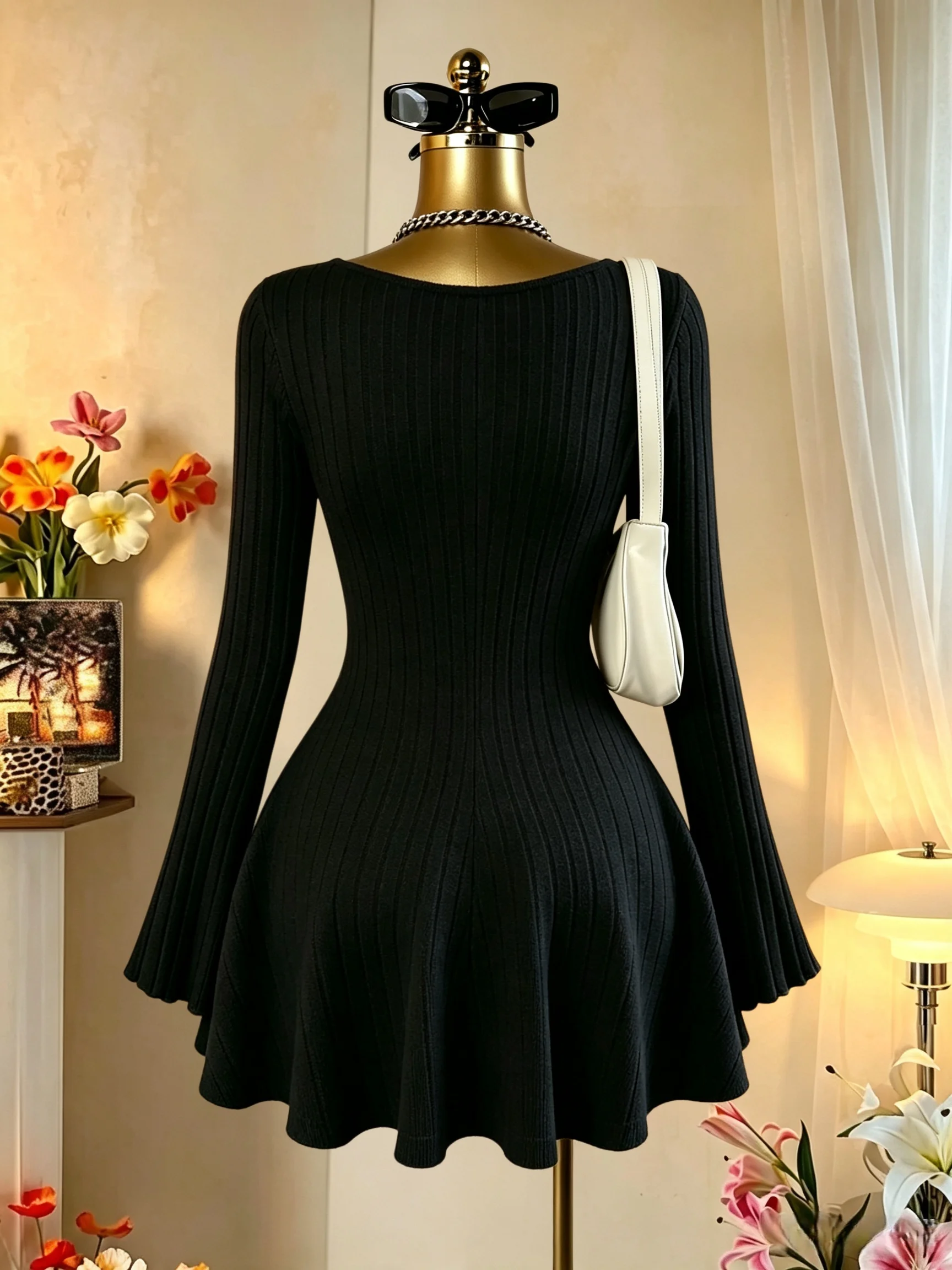 Damen-Minikleid mit quadratischem Ausschnitt, vorne gebunden, gerippt, ausgestellter Rock, lange Ärmel, tailliert, A-Linie, Y2K, sexy Kleid – Detail 1