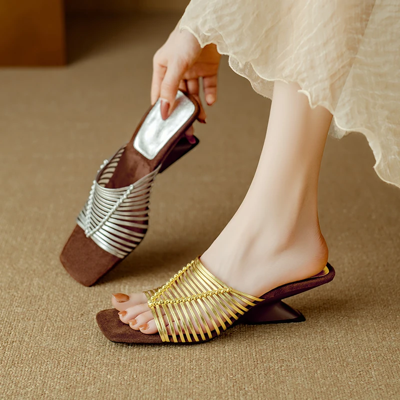 2026 new summer women sandals natural leather plus size 22-25cm metallic color microfiber weave mules high heel women slippers