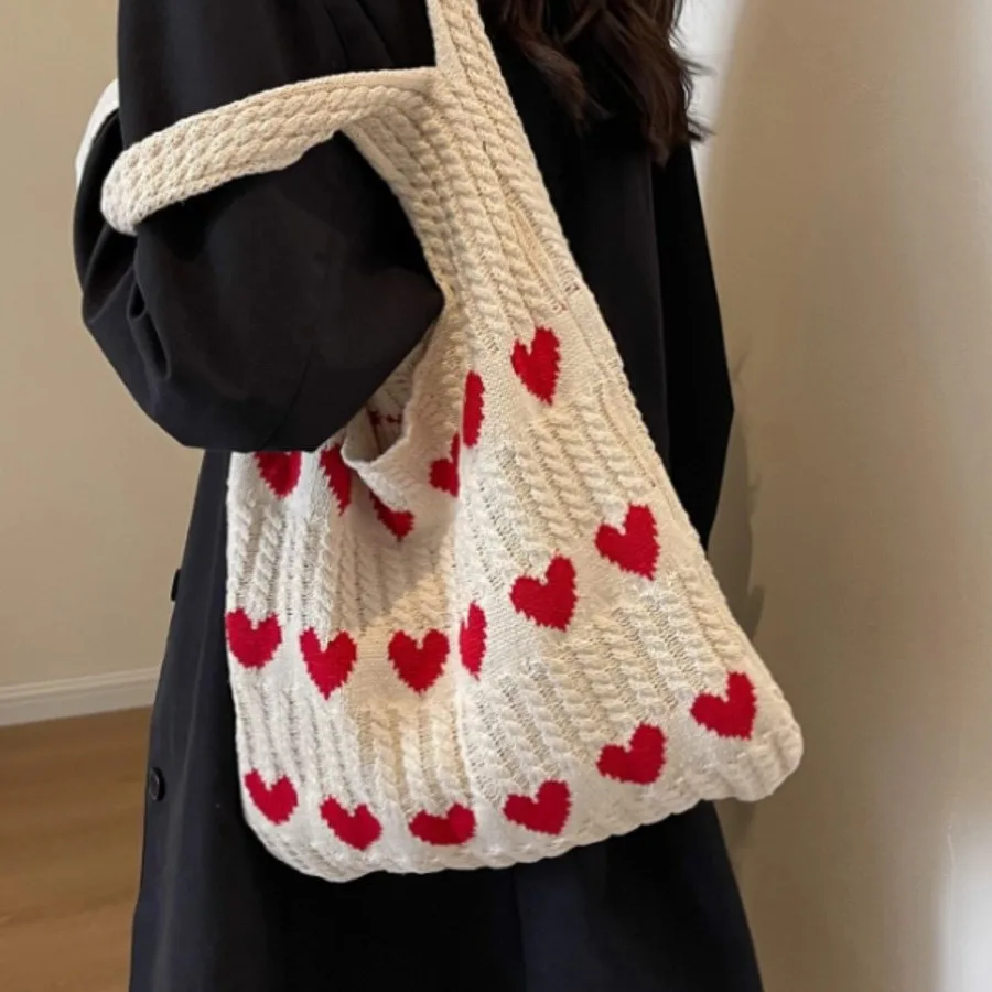 Knitted Love Tote Bag Premium Sense Delicate Wool Fresh Simple Fashion Shoulder Women's Shopping Bag Shoulder Tote Bags Mori