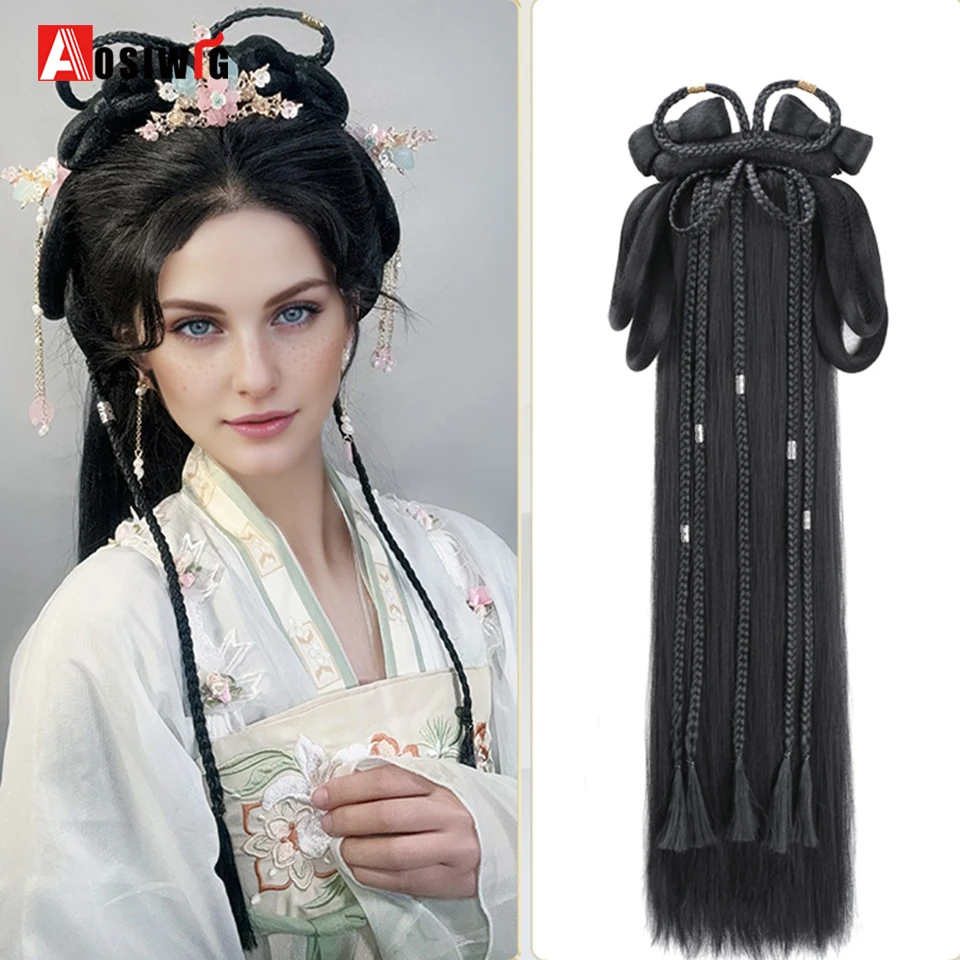 Hanfu sintetis ikat kepala gaya kuno kepang ikat kepala terintegrasi Wig wanita gaya Cina potongan rambut antik Cosplay Ha