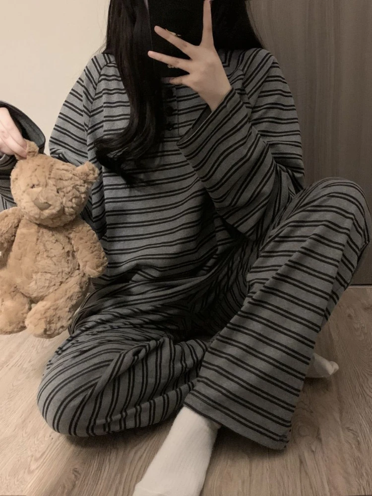 Striped Pajama Sets Women Spring Autumn Sleepwear Lazy Baggy Sweet Casual Ulzzang Home Students V-neck All-match Dormitory Daily