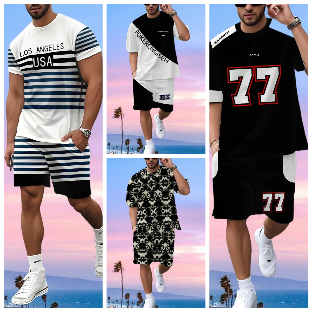 

Новейший популярный комплект футболок 2025 года, 3D стиль отпуска, модные различные элементы, модный уличный мужской комплект, летний топ, шорты, дышащие