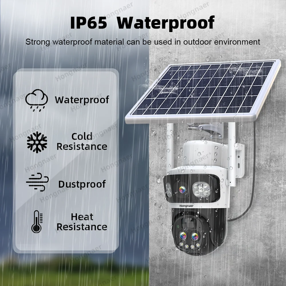 Hongnaer 12MP 6K 4G Outdoor 10X Zoom Three Lens Solar Panel Powered Wireless IP PTZ V380 Pro WiFi Security CCTV Solar Camera