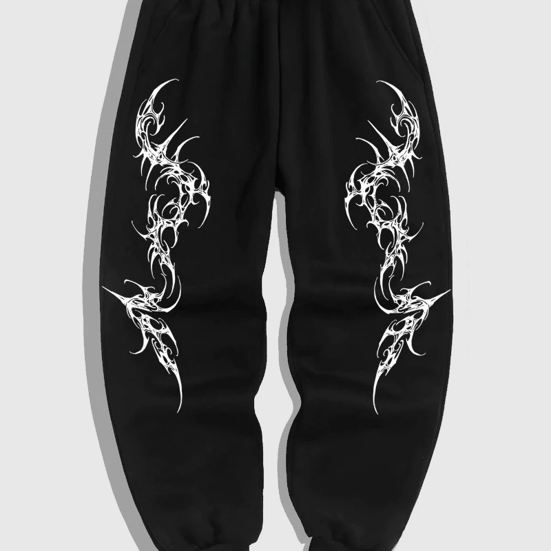 

Autumn and Winter Gothic Deep Red Geometric Pattern Jogging Pants - Elastic Belt Adjustable Drawstring, Men's Casual Long Pants