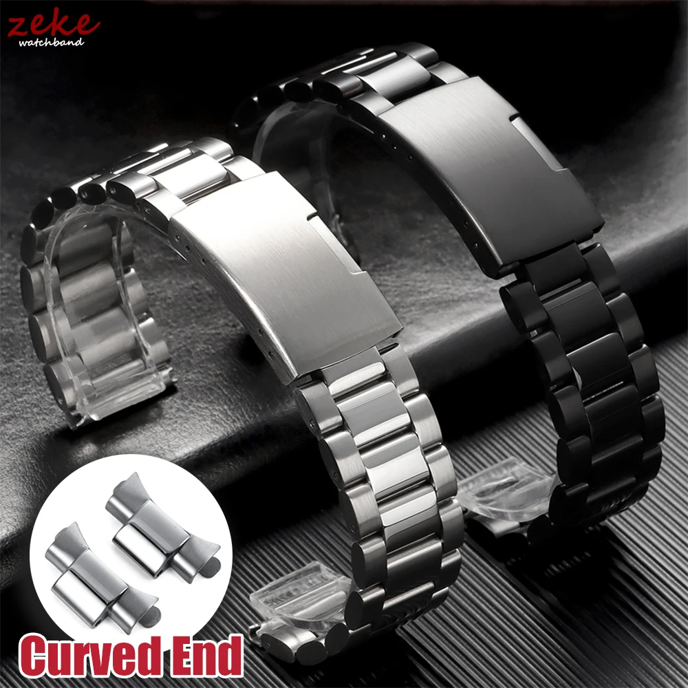 Luxuriöses Arc-Armband aus massivem Edelstahl mit flachem Ende, Schwarz und Silber, Faltschließe, 18 mm, 20 mm, 22 mm, universelle Uhrenarmbänder