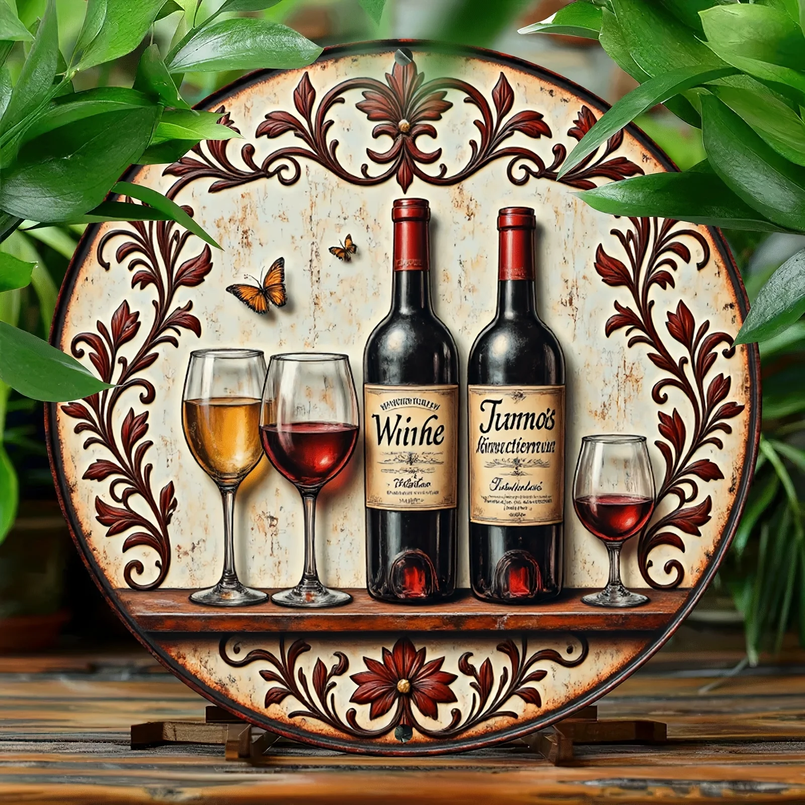 Letrero circular de metal vintage con diseño floral ornamentado, con botellas y copas de vino, ideal para el bar del hogar, la cocina