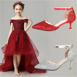 Scarpe da principessa con tacco alto per ragazze scarpe da spettacolo con tacchi a spillo per bambini scarpe da sposa con paillettes per bambini in pelle 5CM