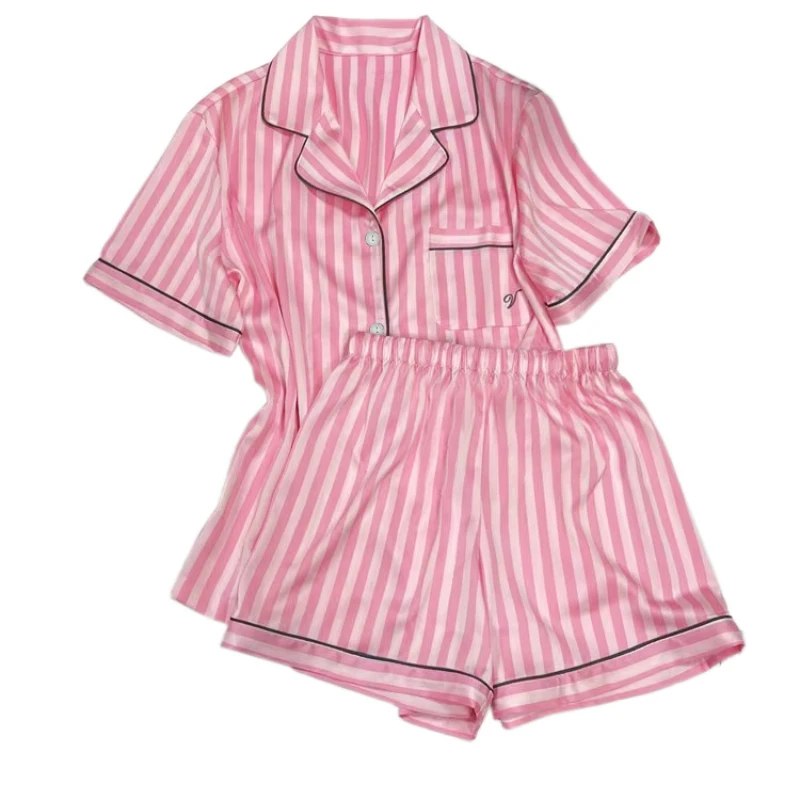 Summer Simple Style Short Sleeved Pajamas for Women Soft Satin Silk Sleepwear Thin Lapels Homewear Striped Print Home Clothing