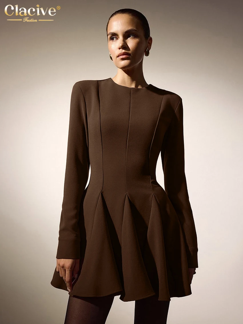 

Clacive Fashion Loose Brown Women's Dress 2026 Spring O-Neck Long Sleeve Mini Dresses Elegant Classic Pleated Female Dress