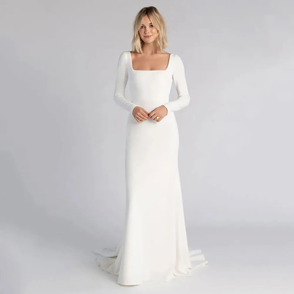 Luxuriöse Hochzeitskleider 2026 Langarm Quadratischer Ausschnitt Meerjungfrauen-Brautkleid Rückenfreies Standesamtliches Brautkleid für Damen Maßanfertigung