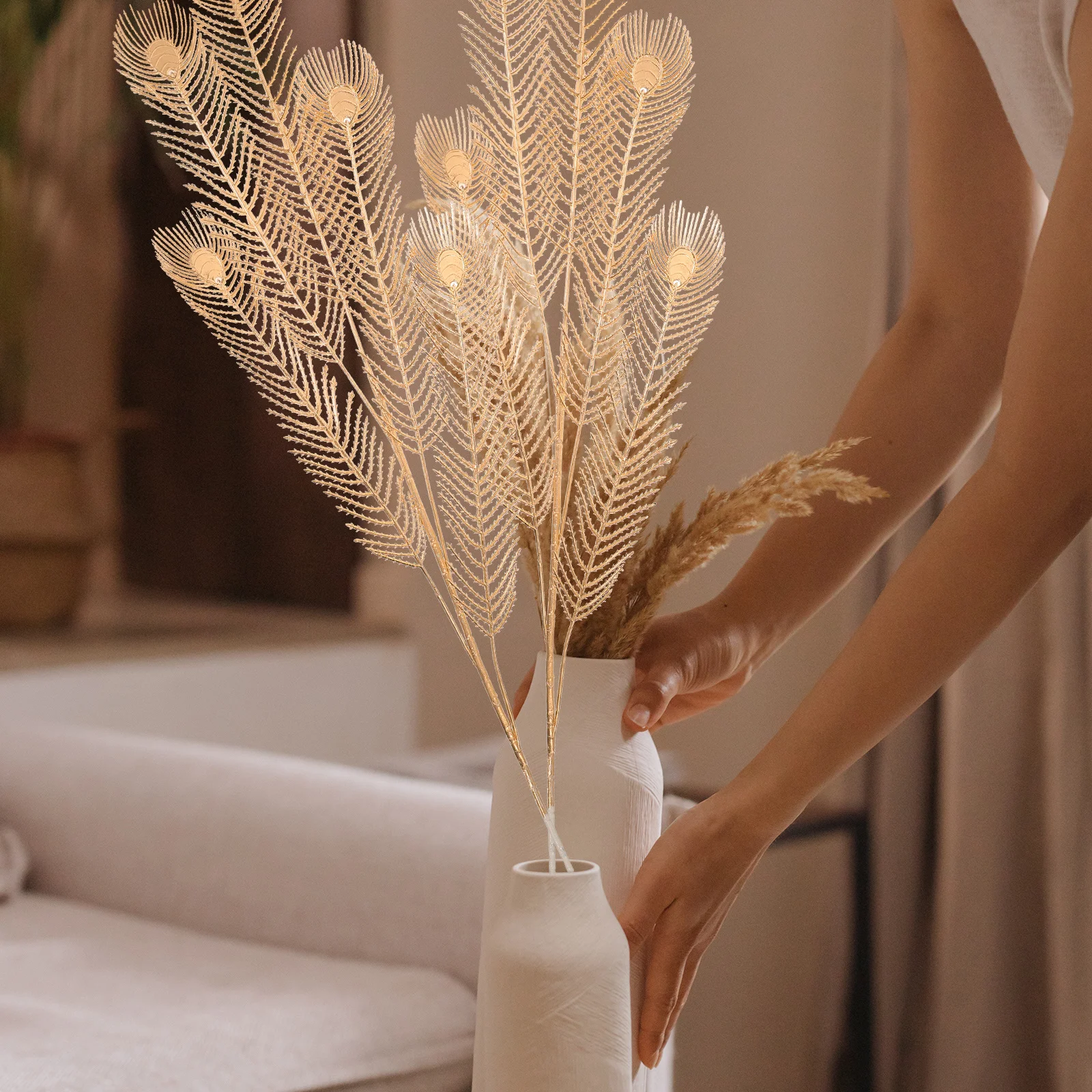 

4pcs Fake Golden Leaves Branch Simulation Leaf Ornament For Diy Wedding Home Decor Vase Filling Artificial Plant Picks