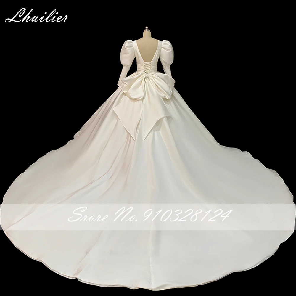 Lhuillier Elegant V Neck Ball Gown Satin Wedding Dresses Floor Length Puff Sleeves Bridal Dress with Chapel Train