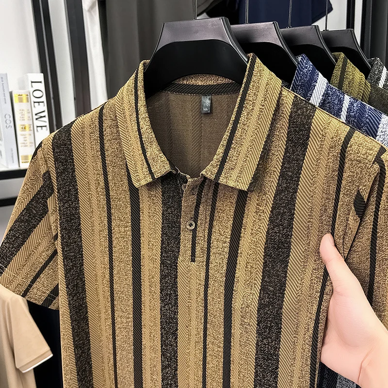 Herren Strukturierte Vertikal Gestreifte Kurzarm-Poloshirts Lässige Business-Oberteile Atmungsaktiv Knitterfrei Sommerkleidung – Detail 11