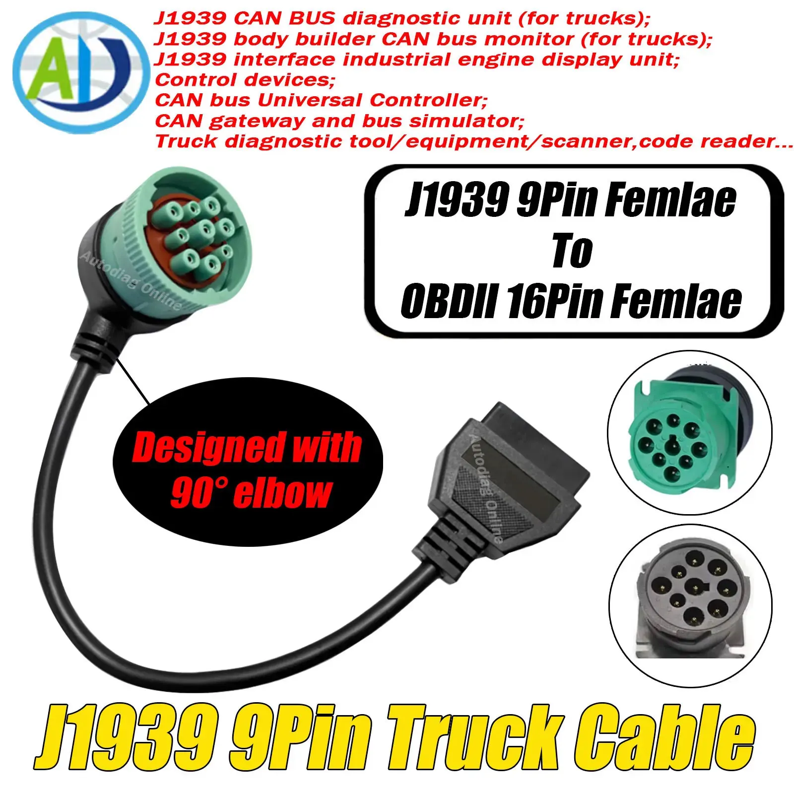 OBD2 Diagnosctic Cable For Truck J1939 9Pin to 16Pin For Trailer OBD2 Diagnostic Adapter J1939 9Pin Connector Cable For Cummins