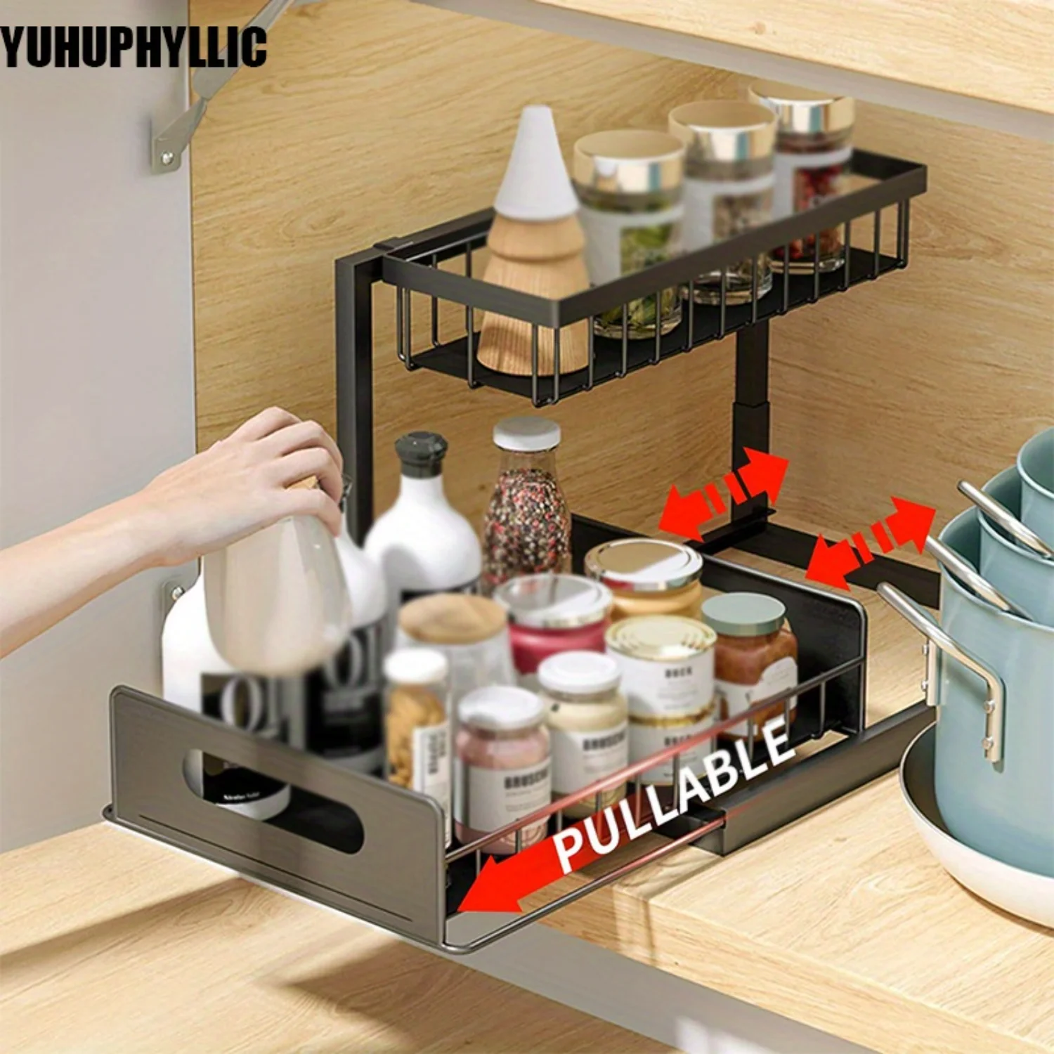 1PC Cabinet Organizer - 2-level sliding rack organizer for kitchen and bathroom, space saving, easy to install, durable steel fr