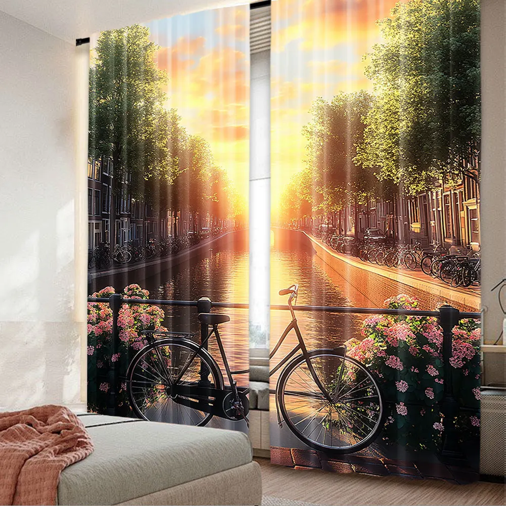 

2Pcs City Curtains Holland Amsterdan Urban Photo With Sunset Over Canal And Bicycles Floral Balls For Bedroom Living Room And