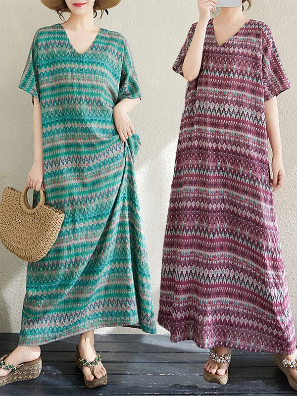 

Slimming Stripe irt V-Ne Loose Cotton Linen Large Size Casual Summer Long Dr Commute Sle Comfortable Lazy Faion