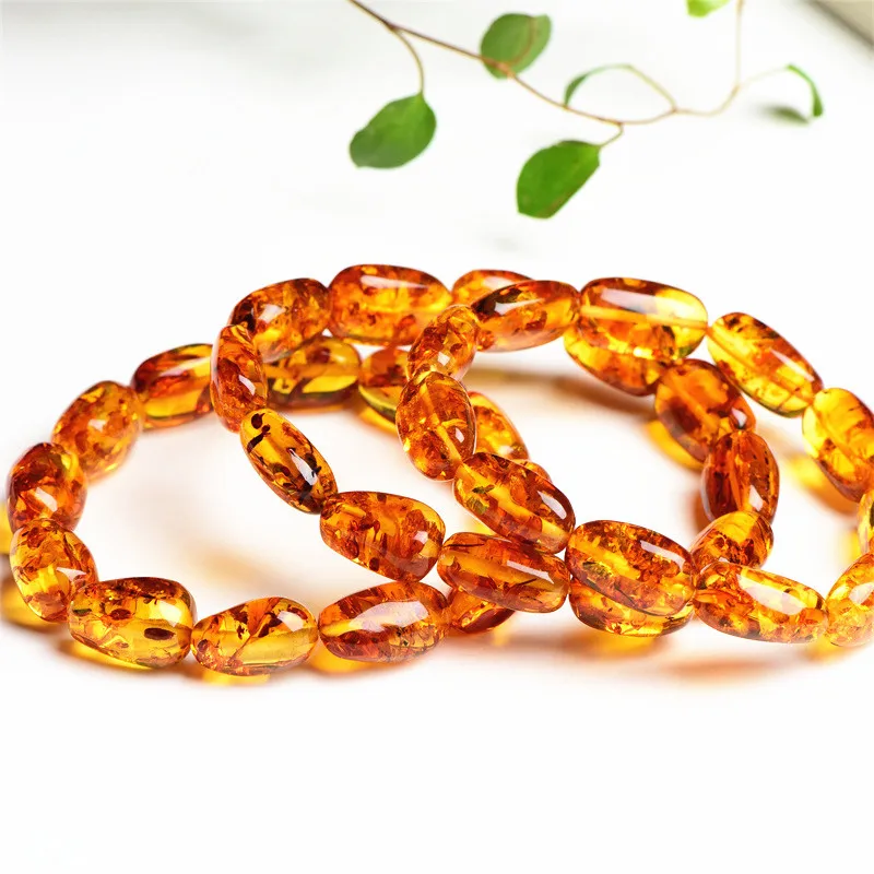 Natural Piebald Amber Oval Bracelet 14x10mm Yellow Flower Amber Women Men Healing Stretch Jewelry AAAAA