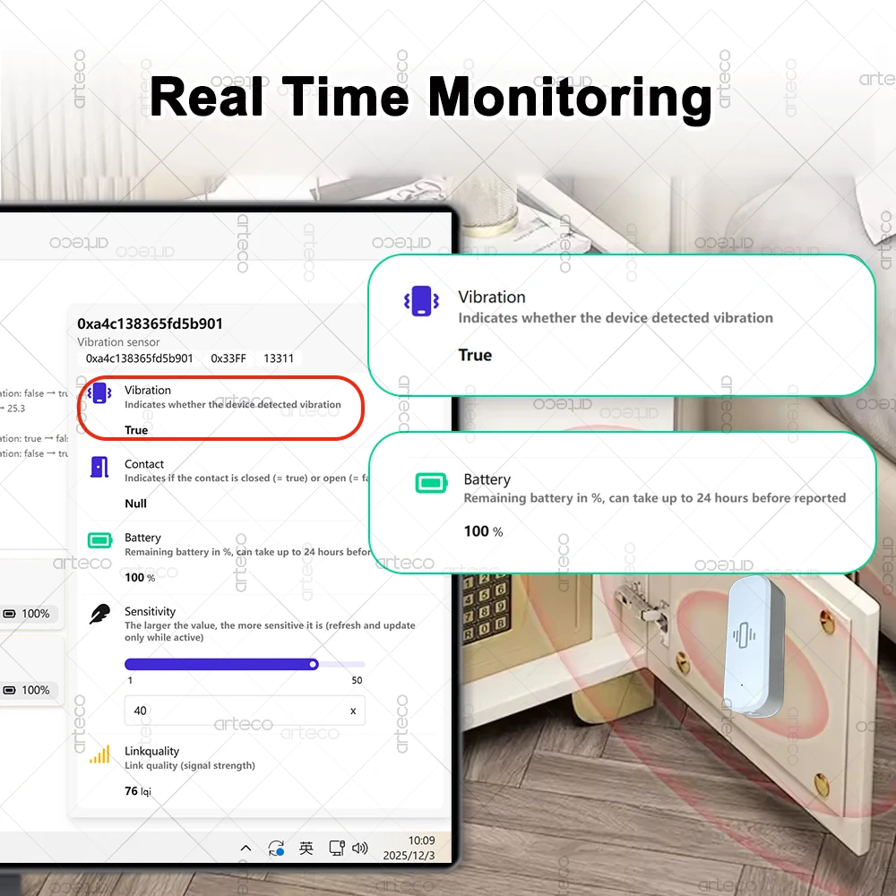 ZigBee 스마트 진동 센서 실시간 진동 모니터 센서 보안 보호 Zigbee2MQTT 홈 어시스턴트와 호환 가능 썸네일 4