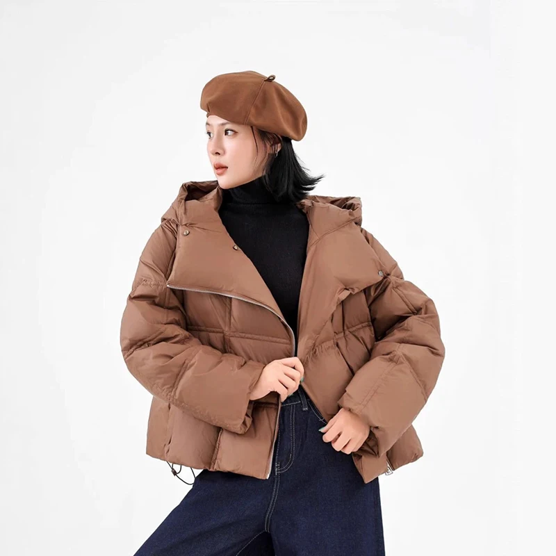 Winter Fashion Short Hooded Down Jacket Female Thicken Warm Zipper Parker Jacket Women White Duck Down Loose Quilted Outwears