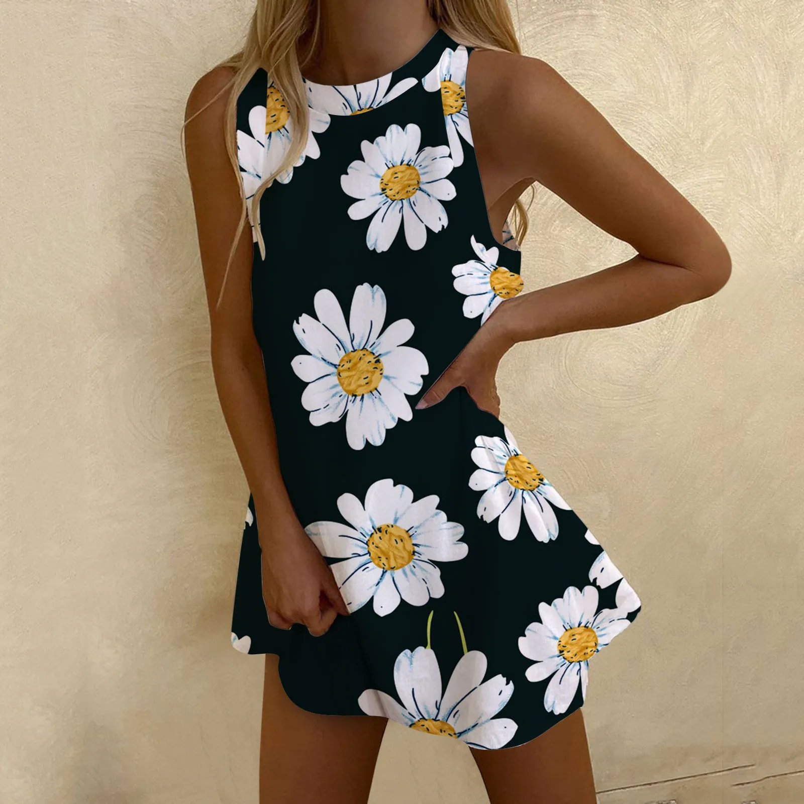 Tank Dresses Tops Women Summer New Sleeveless Casual Mini Dress Chrysanthemum Printed Loose Beach Dress Vestidos Mujer Топик