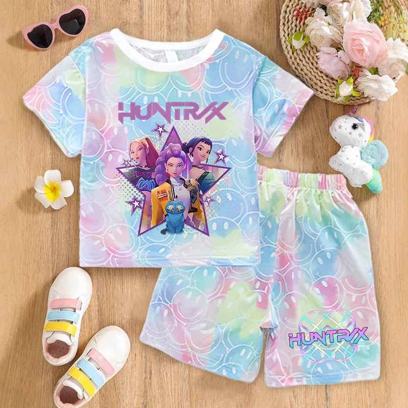 Комплекты KPop «Охотники на демонов», летняя дышащая впитывающая пот детская одежда для девочек, каваи, аниме, улыбка, тонкий костюм с короткими рукавами, подарок