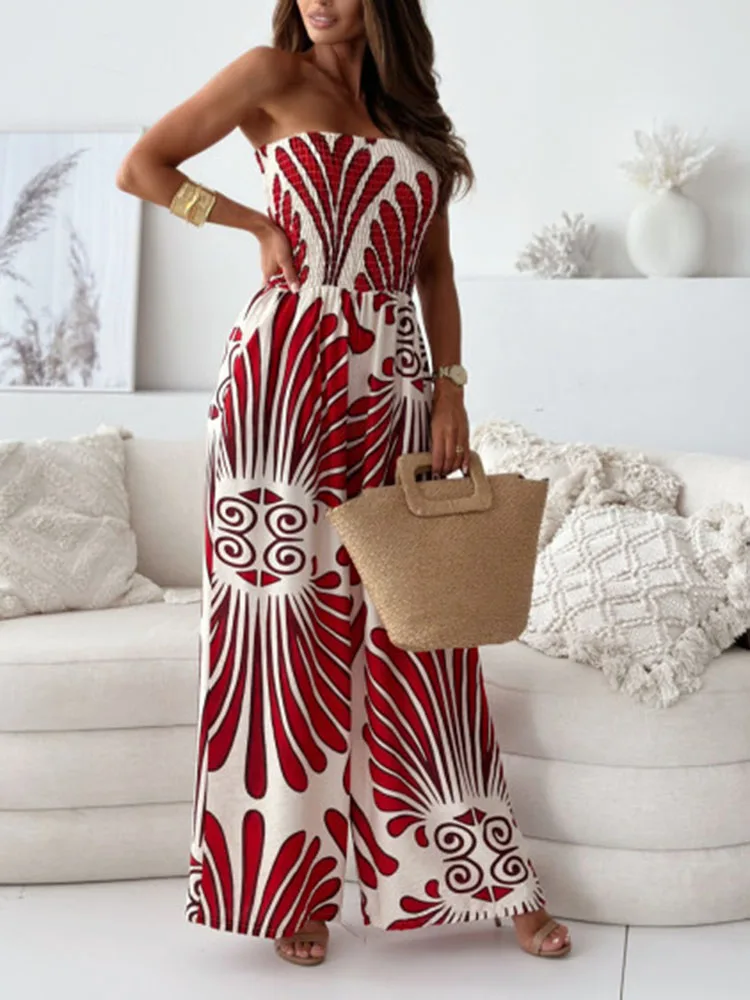 Vintage Jumpsuit Autumn New Sexy One Shoulder Folds Bodycon Top Waist Wide Leg Pants Jumpsuit Women Boho Beach Fashion Clothing