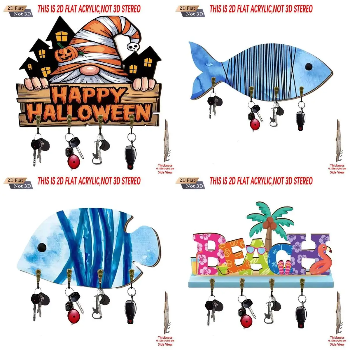 Blue Striped Fish Shaped Wooden Key Holder 4 Hooks Ocean Style Wall Mount Key Rack Home Entryway Wall Decor