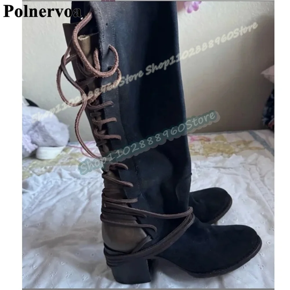 

Knee High Black Cross Tied Knight Boots Block Heel Shoes For Women Side Zipper Round Toe Casual Stylish 2026 Zapatos Para Mujer