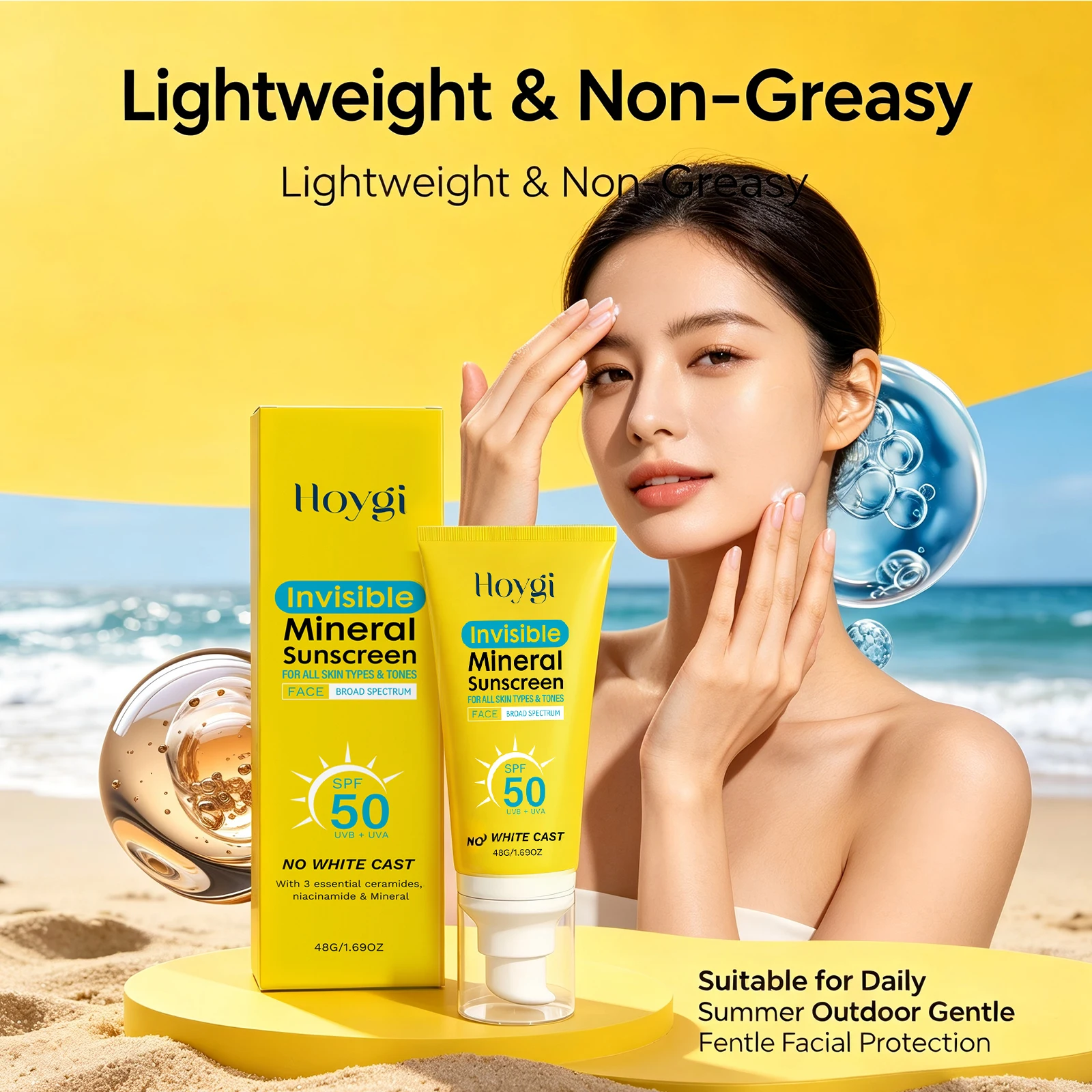 Protector Solar Mineral SPF 50 Sin Residuos Blancos, Protector Solar Facial Invisible con Ceramidas y Niacinamida, Calmante para la Piel, Protección UVA y UVB