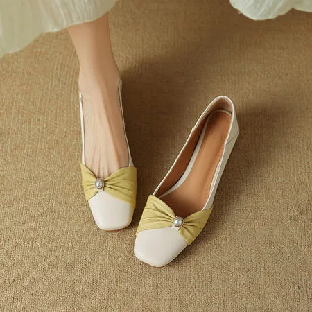 Heels 2024 Spring New Square Head Shallow Mouth Bow Single Shoes Low Heel Shoes Leisure High-end