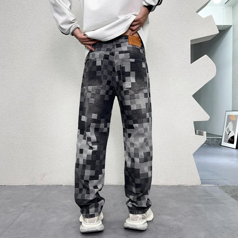 Pantalones vaqueros de tablero de ajedrez de mosaico personalizados para hombre, pantalones sueltos de tubo recto, marca de moda de lujo ligero, nuevo