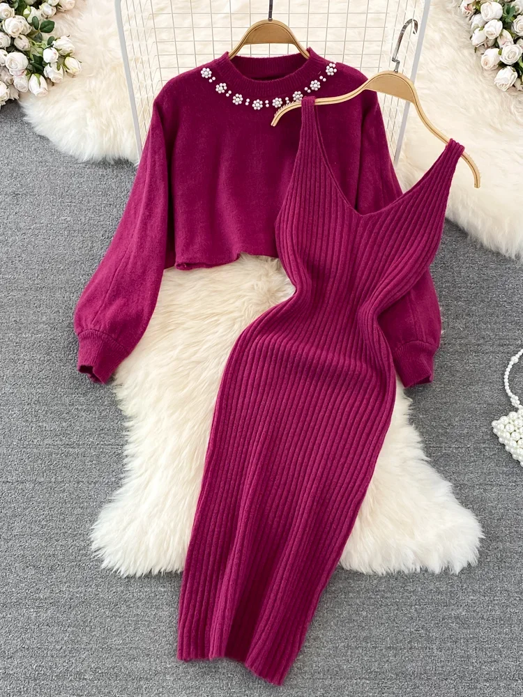 New Autumn Fashion Knitted 2 Piece Set Women Breading Long Sleeve Pearl Top+Knitted Camis Dress Female Sweater Suits 2024 Korea