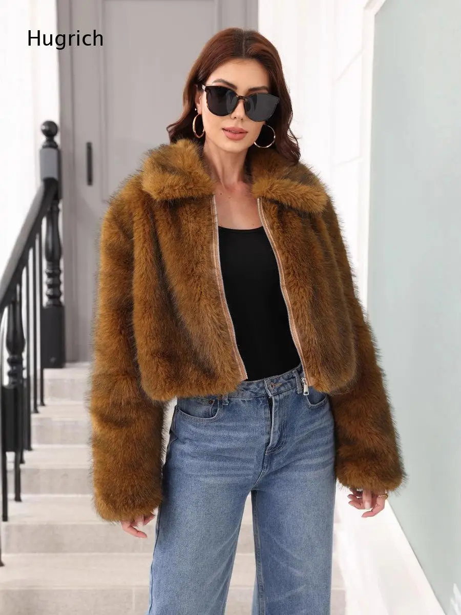 Women Brown Zip Up Faux Fur Cropped Jacket TurnDown Collar Long Sleeve Loose Fit Warm Winter Outerwear