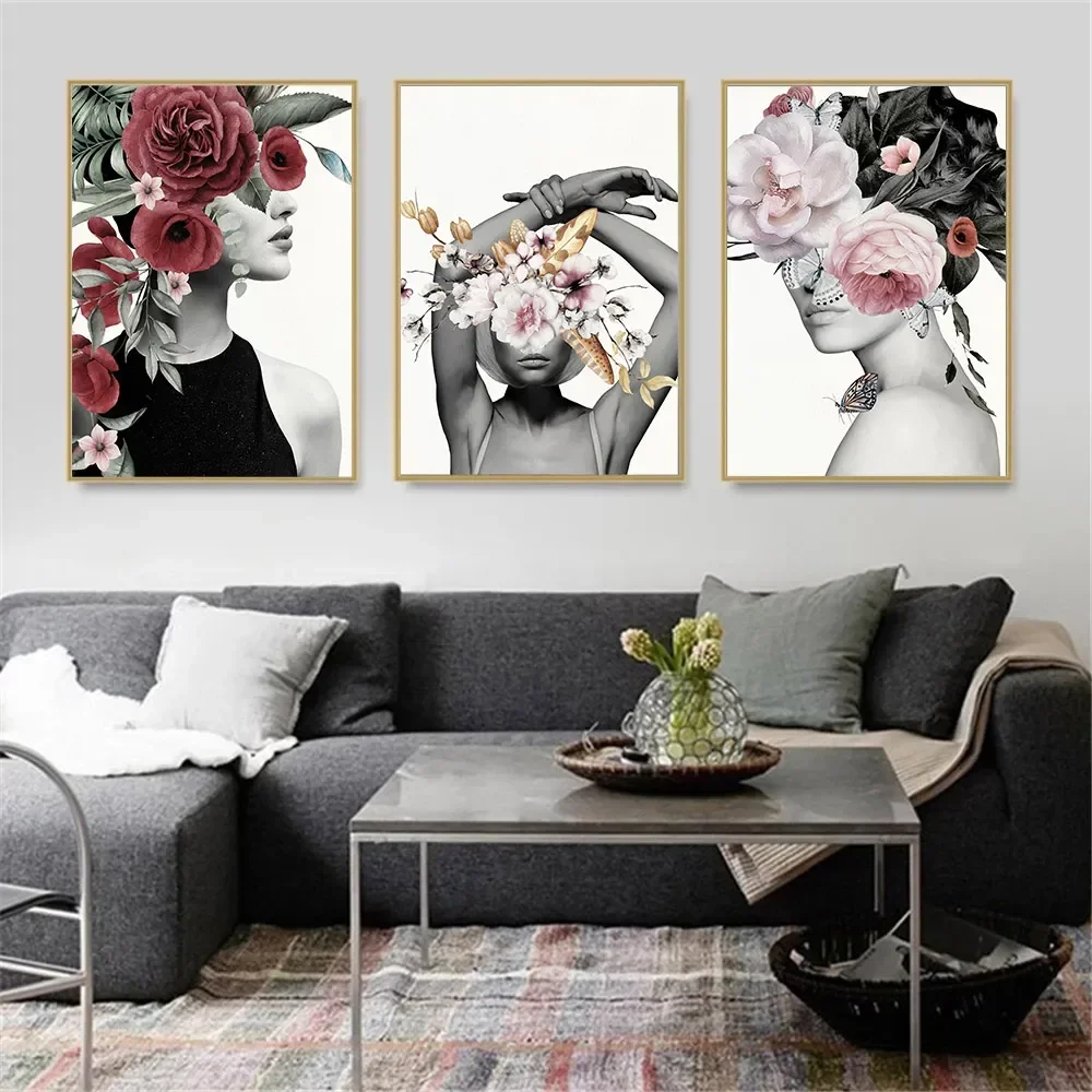 Woman Head Flower Wall Art Canvas Painting Naked Female Body Print Poster Beauty Lady Paintings Nordic Wall Pictures Home Decor view 4