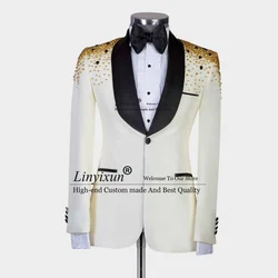 Stylish Embroidered Gold Jewelry Tuxedos Men Suits 3 Pieces Shawl Lapel Groom Wedding Male Suit Blazers Pants Outfit Dresswear