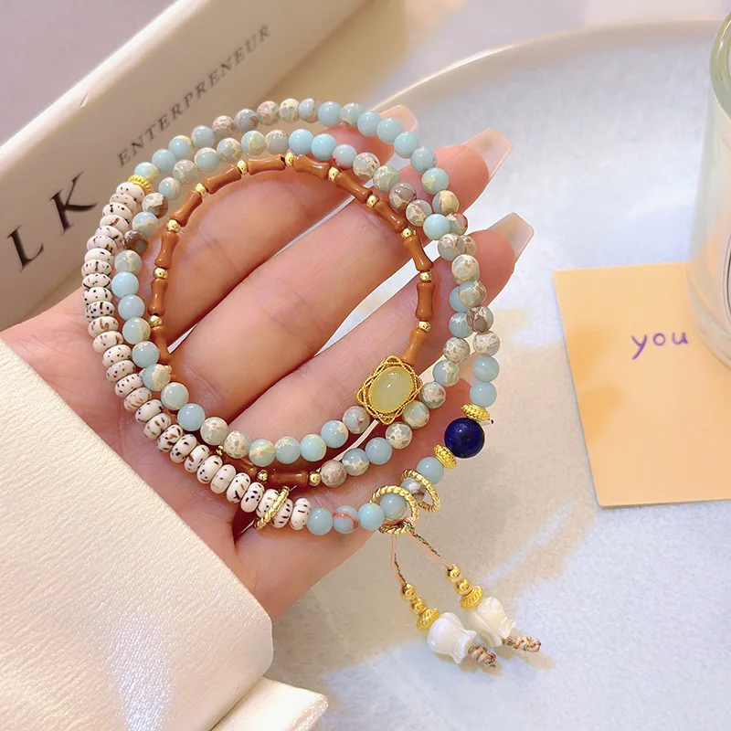 

Multi-Circle Natural Red Vein Tassel For Women, New Chinese Style Bodhi Olive Wood Shoushan Stone Bracelet HandString