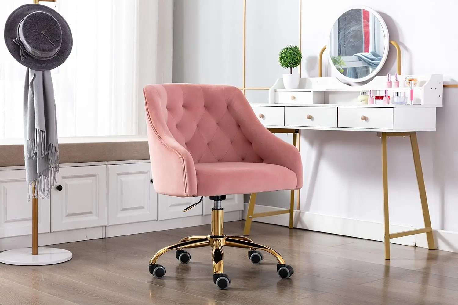 Comfy Home Office Task Chair with Wheels, Cute Modern Upholstered Velvet Seashell Back Adjustable Swivel Vanity Desk Chai