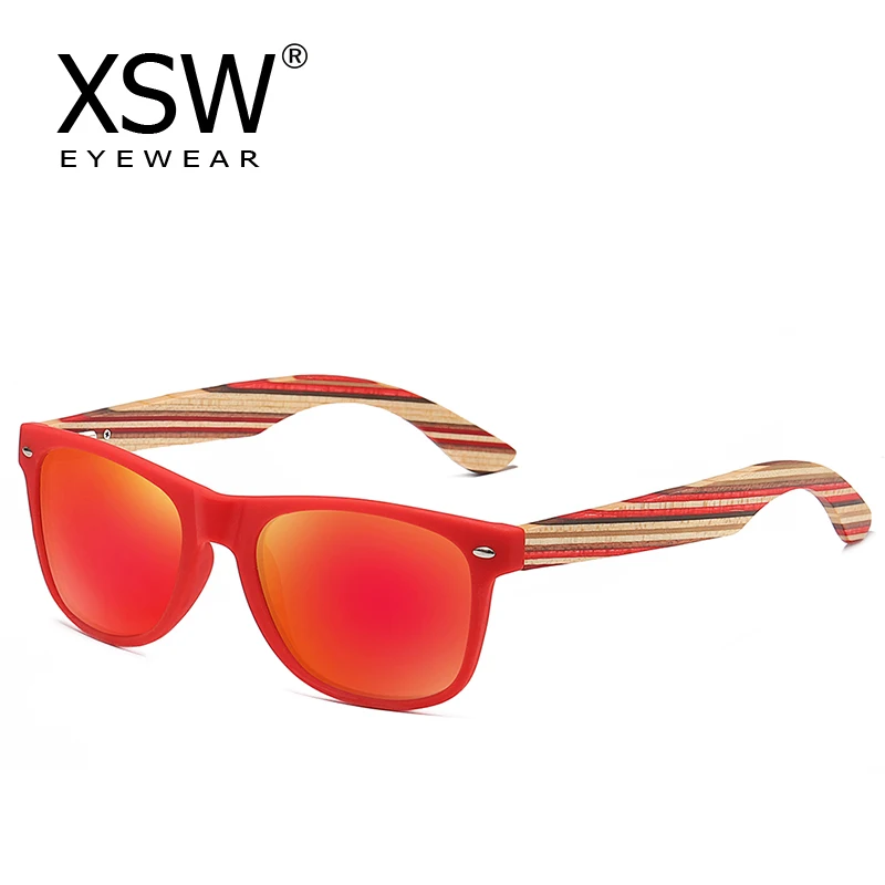 

XSW Wooden Sunglasses Handmade PC Frame With Bamboo Temples Polarized Mirror Fashion Eyewear sport glasses Eyewear 5075HONG