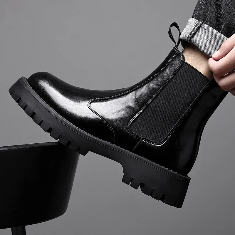 

men fashion party nightclub high chelsea boots slip-on genuine leather shoes cowboy platform boot autumn winter long botas mans