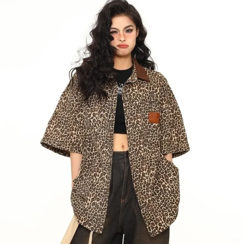 Qweek Leopard y2k Vintage übergroße Hemden Frau koreanische Harajuku Mode Kurzarm Blusen Sommer Gothic Streetwear