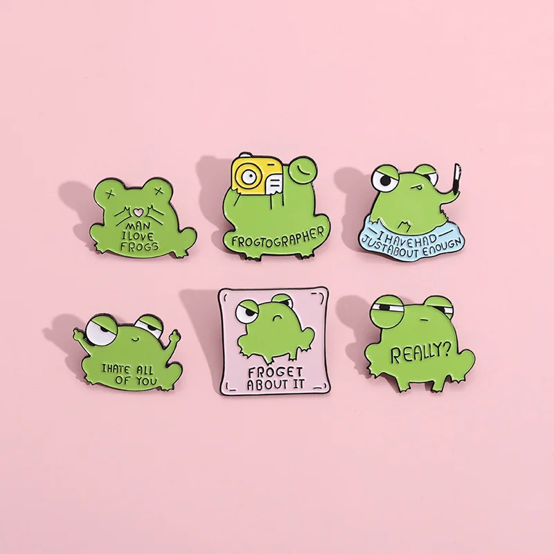 Cute Frog Enamel Brooch Milk Drink Frog Moon Sorcery Dice Frog Dagger Pillow Camera Love Frog Badge Punk Lapel Pins Jewelry Gift