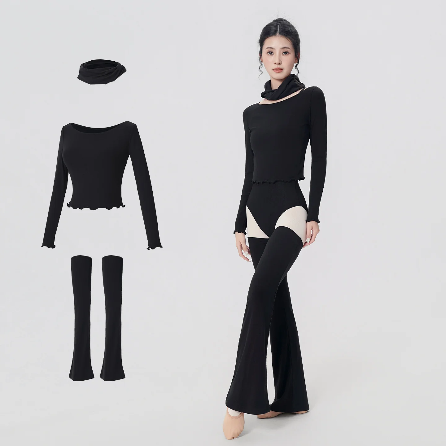 

Женские односторонние флисовые балетные топы с теплыми леггинсами для взрослых, черные вязаные танцевальные топы с длинными рукавами и утеплителем для шеи