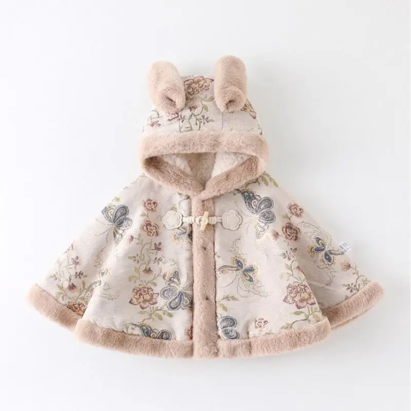 Baby Outdoor Kids Baby Clothing Winter Windproof Kids Thick Fleece Lined Girls Butterfly and Flower Warm Coat